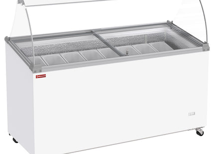 Congélateur présentoir à glaces, 467 litres, couvercles coulissants sur roulettes avec verre bombé, capacité pour 8 bacs