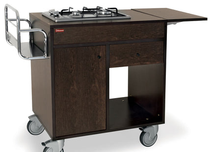 Flambé trolley, 2 gas burners, "Wengé", with wheels 2w/brakes