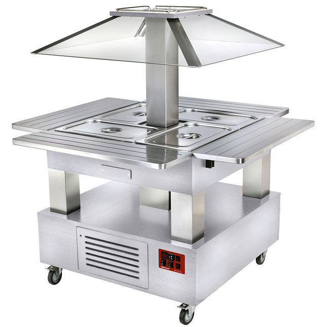 Island bain-marie warm buffet, motorized roof 4x GN1/1-150 (white wood)