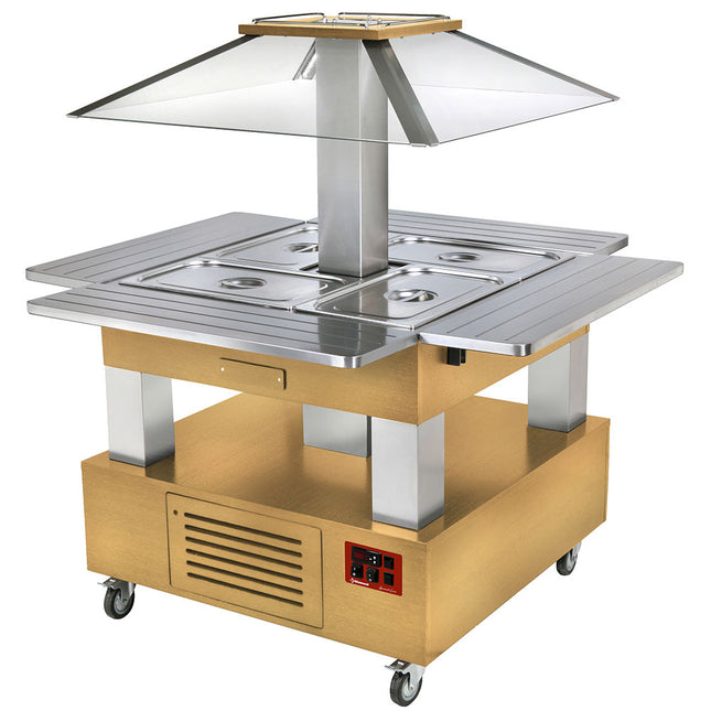 Island bain-marie warm buffet, motorized roof 4x GN1/1-150 (light wood)