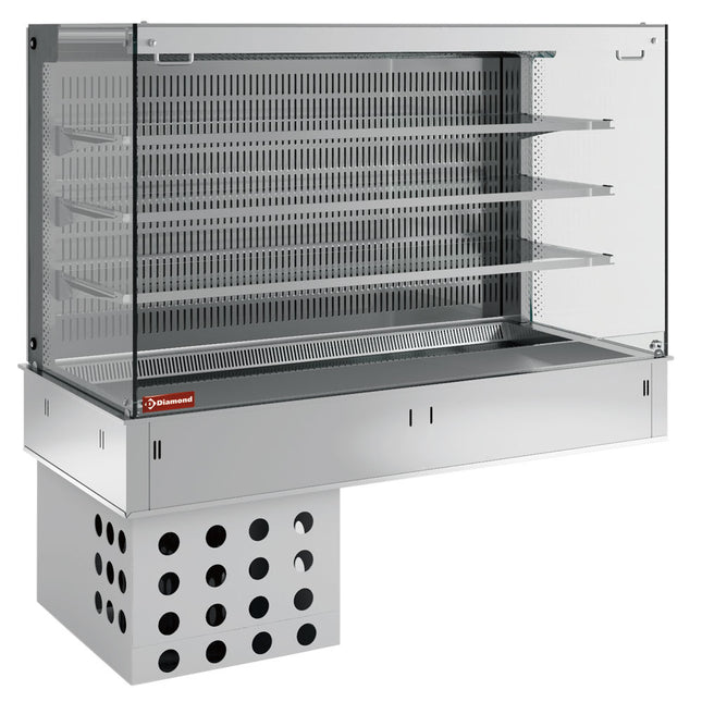 Wall with sink and open "square" display on 3 levels (with curtain), refrigerated, ventilated, 3x GN 1/1