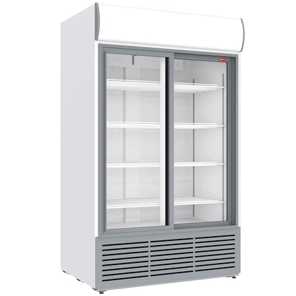 Positivt køledisplay 1230 liter, lysboks, 2 SKYDEDØRE - HVID
