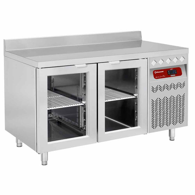 Table réfrigérée murale ventilée, 2 portes vitrées GN 1/1, 260 litres