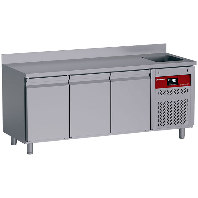 Wall-mounted ventilated refrigerated table, 3 doors GN 1/1, 405 Lit. with sink