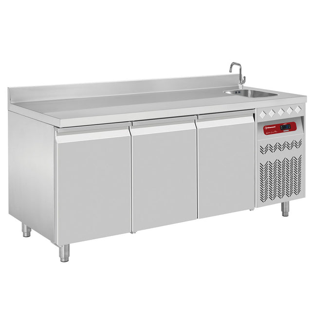 Wall-mounted ventilated refrigerated table, 3 doors GN 1/1, 405 Lit. with sink
