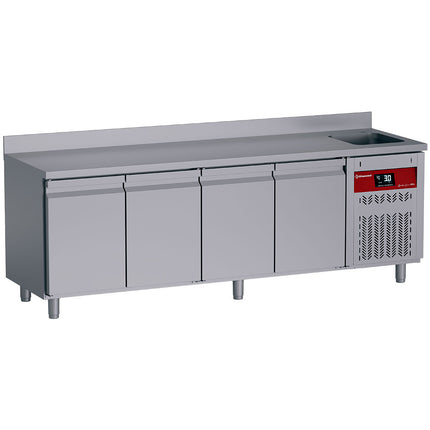 Wall-mounted ventilated refrigerated table, 4 doors GN 1/1, 550 Lit. with sink