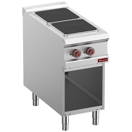 Cuisinière 2 plaques électriques carrées, placard ouvert
