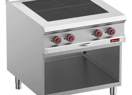 Cuisinières électriques 4 plaques alignées avec le dessus, placard ouvert