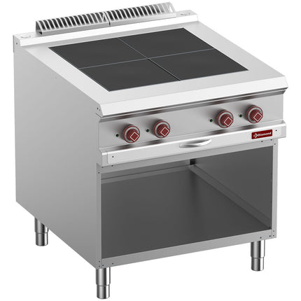 Electric stoves 4 plates aligned with the top, open cupboard
