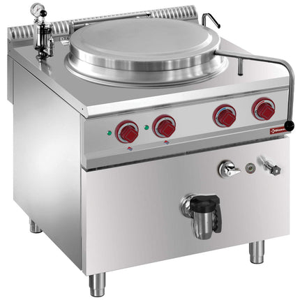 Electric boiling pan, 100-liter tank, indirect heating, on cupboard