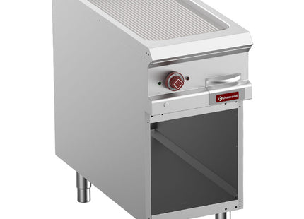 Grooved electric fry top, module 1/2, open cupboard