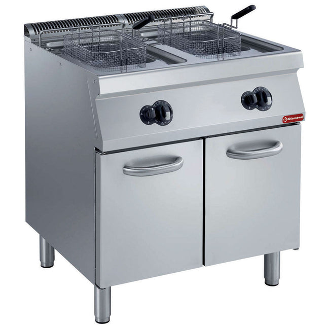 Gas fryer, basin in "Y" 2x 15 liters, external burners, on board