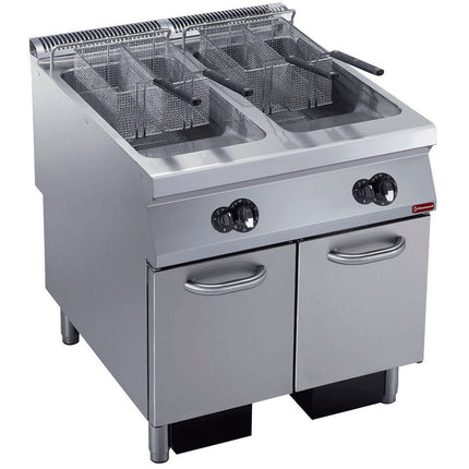 Friteuse gaz 2 cuves "Y" 23 litres, brûleurs extérieurs, sur train