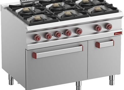 Cuisinière gaz 6 feux, four électrique à convection GN 1/1, placard neutre