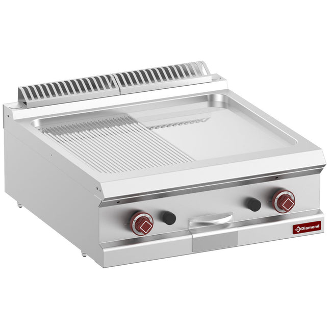 Plaque de cuisson gaz, 1/2 lisse 1/2 nervurée, plaque chromée dur, mod.1/1-Top-