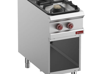 Cuisinière 2 feux gaz, placard ouvert