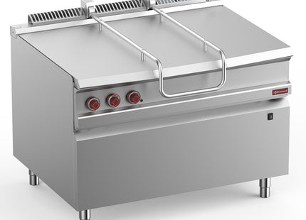 Tilting gas bratt pan, stainless steel tank 120 liters, on cupboard