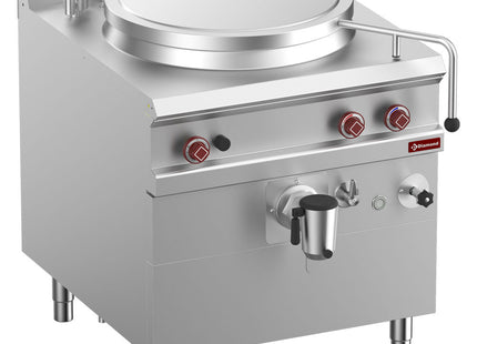 Gas boiling pan, 100-liter tank, indirect heating, on cupboard