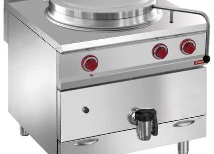 Gas boiling pan, 150-liter tank, direct heating, on cupboard