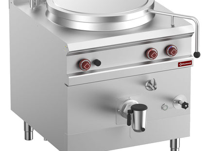 Gas boiling pan, 150-liter tank, indirect heating, on cupboard