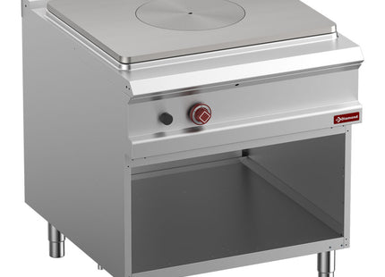 Solid top gas stove, open cupboard