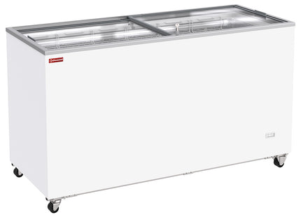 Congélateur coffre 503 litres, couvercles coulissants sur roulettes