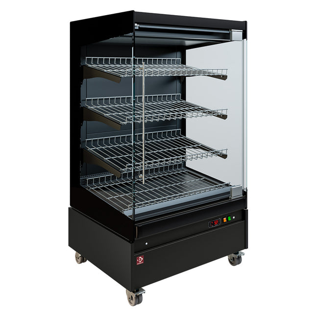 Vitrine chauffante, libre-service, avec porte vitrée, sur roulettes - FULL BLACK