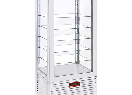 Présentoir 4 faces T° négative, 5 étagères en verre, ventilé, 480 Lit, BLANC