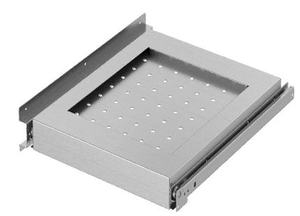 Pull-out stainless steel back shelf on guides for compartment with door