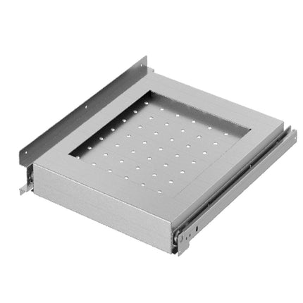 Pull-out stainless steel back shelf on guides for compartment with door