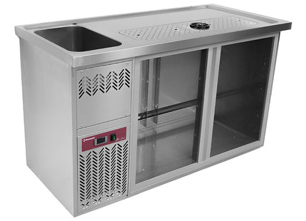 Bar counter with 2 compartments, draining board + grid, 1 sink on the left.