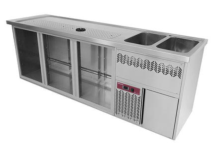 Bar counter with 3 compartments, draining board + grid, 2 sinks on the right.