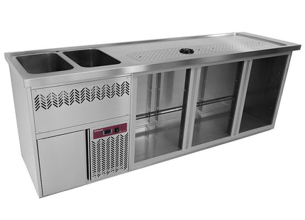 Bar counter with 3 compartments, draining board + grid, 2 sinks on the left.