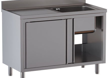 Diskbänk 1 tank 600×500×300, vänster dräneringsbräda, på skåp med 2 skjutbara Dörrar