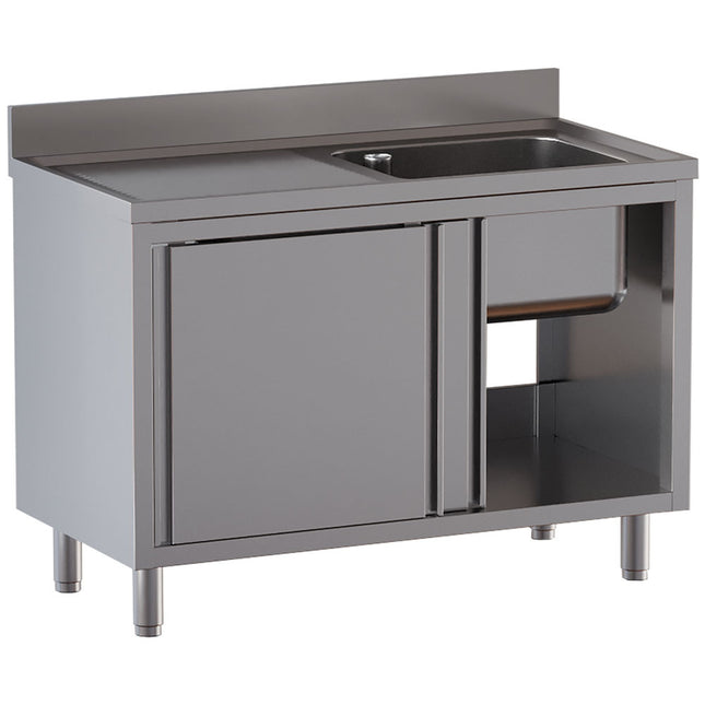 Evier 1 cuve 600×500×300, égouttoir gauche, sur placard avec 2 portes coulissantes