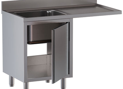 Diskbänk 1 tank, höger avloppsbräda, på skåp 1 svängande Dörr och plats för diskmaskin
