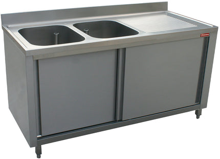 Sink 2 tanks 600x500xh325, right draining board on cupboard 2 sliding doors