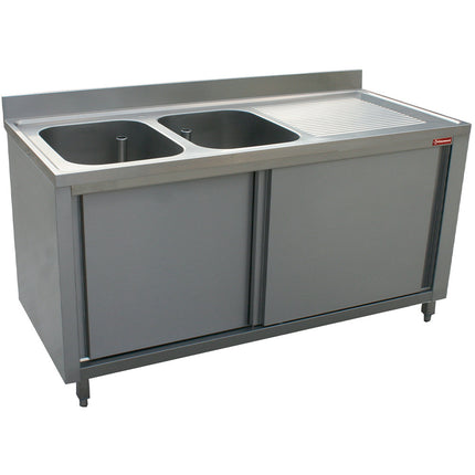Sink 2 tanks 600x500xh325, right draining board on cupboard 2 sliding doors