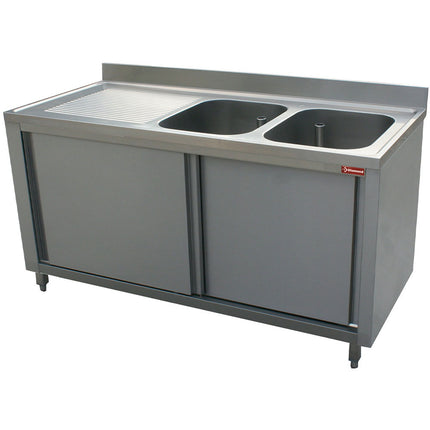 Sink 2 tanks 400x500xh275, left draining board on cupboard with 2 sliding doors