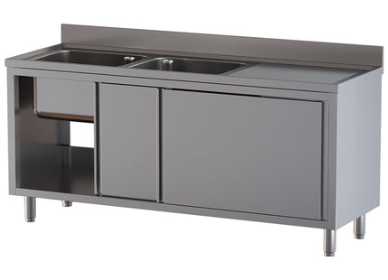 Diskbänk 2 tankar 500×500×300, höger avloppsbräda, på skåp med 2 skjutbara Dörrar
