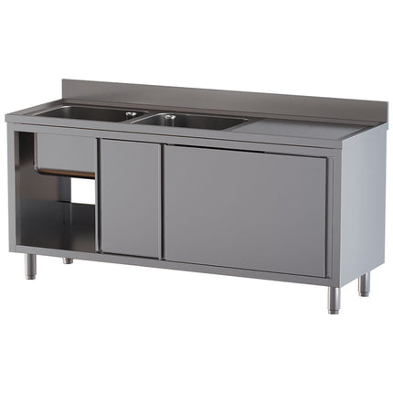 Sink 2 tanks 500×500×300, right draining board, on cupboard with 2 sliding doors