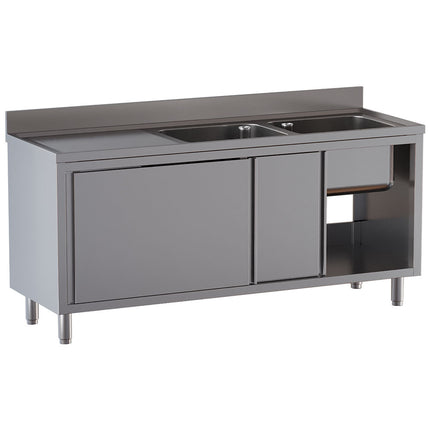 Sink 2 tanks 500×500×300, left draining board, on cupboard 2 sliding doors