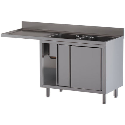 Sink 2 tanks 500×500×300, left draining board, on cupboard 2 sliding doors and space dishwasher