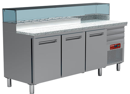 Kylbord för pizzeria, 3 Dörrar 600x400, 3 neutral drawers 600x400, refrigerated structure 8x GN 1/4