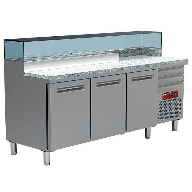 Table réfrigérée pour pizzeria, 3 portes 600x400, 3 tiroirs neutres 600x400, structure réfrigérée 8x GN 1/4