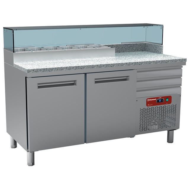 Table réfrigérée pour pizzeria, 2 portes 600x400, 3 tiroirs neutres 600x400, structure réfrigérée 6x GN 1/4