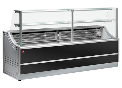 Refrigerated glass display staight panel 90°, with storeroom