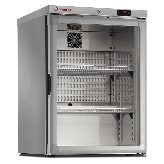 Réfrigérateur ventilé, porte vitrée, 150 litres. acier inoxydable