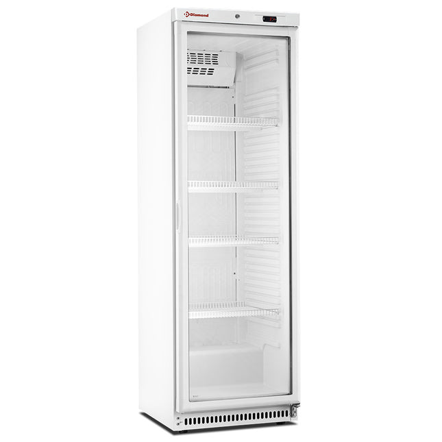 Réfrigérateur ventilé, porte vitrée, 400 litres. blanc