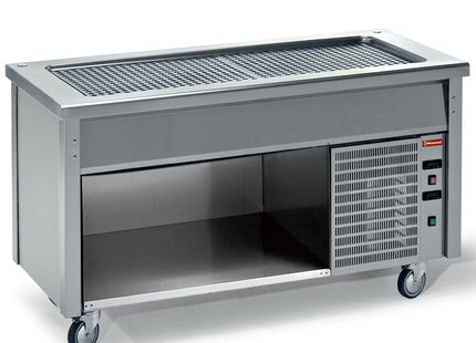 Element with refrigerated top on open cupboard